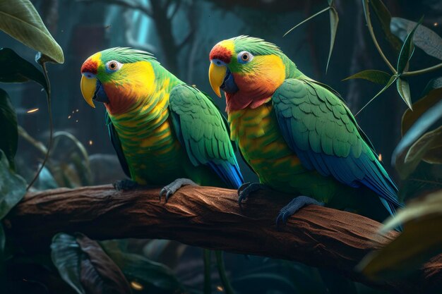 A pair of vibrant parakeets in a tropical paradise