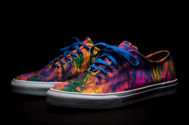 Photo pair of vibrant tie dye sneakers on black background