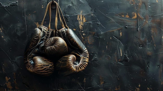 Photo a pair of vintage brown leather boxing gloves hang on a hook against a dark wood background