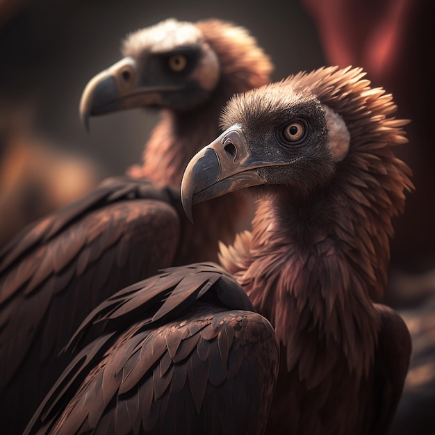 A pair of vultures with yellow eyes and a black beak.