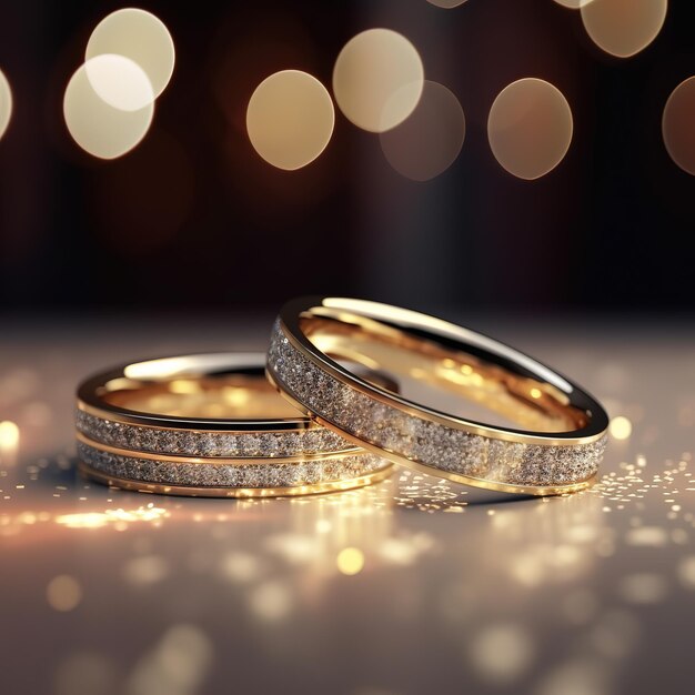 A pair of wedding rings with diamonds on the top.