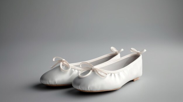 A pair of white ballet shoes with bows are shown.