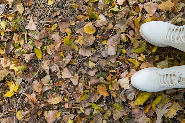 Photo a pair of white fashion leather boots in natural outdoor setting autumn leaves background