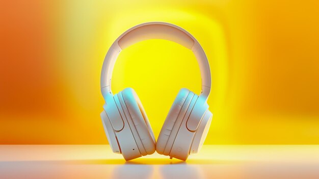 Pair of white headphones sitting on top of yellow and white surface