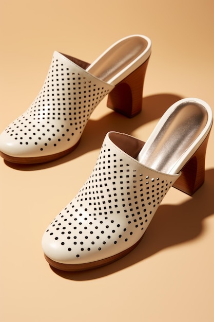 A pair of white leather mules with a unique geometric pattern and a chunky heel