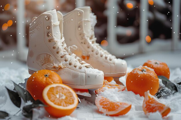 A pair of white shoes sitting on top of an orange slice next to a pile of oranges and leaves a 3D