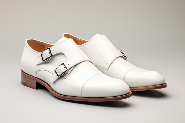 a pair of white shoes with a gold buckle.