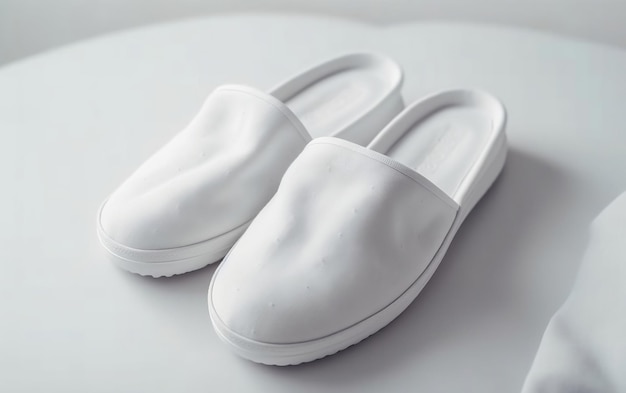 A pair of white slippers that are on a table