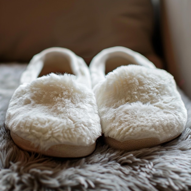 Photo a pair of white slippers with fur on the bottom