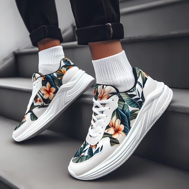 Of a pair of white sneakers with a tropical floral print