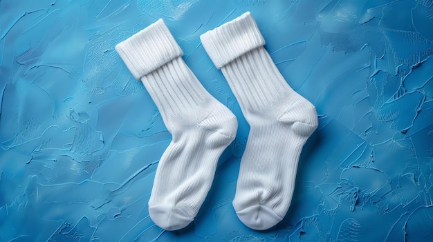 Foto un paio di calzini bianchi su uno sfondo blu i calzini sono in cotone e hanno un disegno a costole sono perfetti per l'uso quotidiano