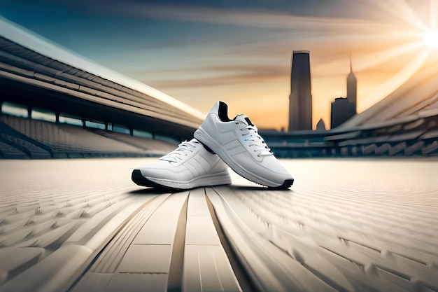 A pair of white tennis shoes with a city in the background.