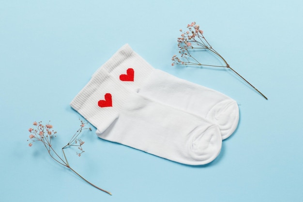 Pair of white women socks and decorative branches on the blue background Top view