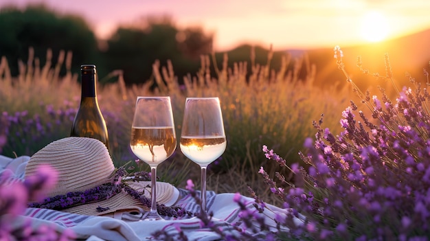 Photo a pair of wine glasses and a bottle set against a backdrop of a lavender field accompanied