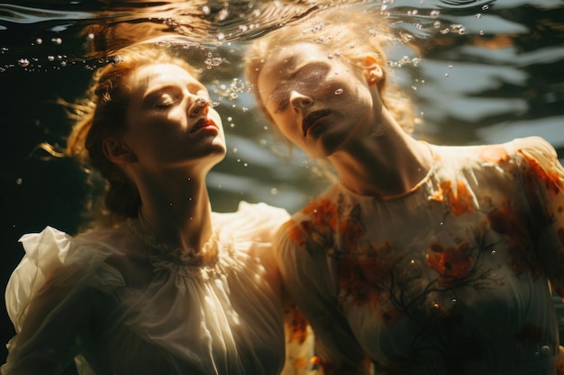 Pair of women beneath the water39s surface capturing a moment of tranquility