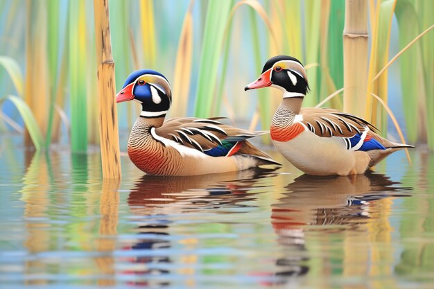 Pair of wood ducks among reeds