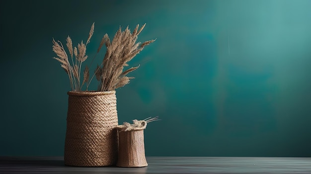 a pair of wooden baskets with a knife and rice in front of a green background