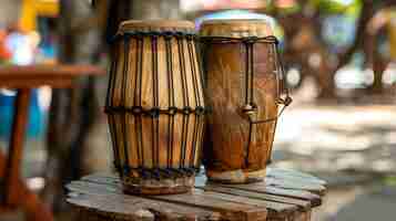 Photo a pair of wooden bongos with black rope tuning the bongos are sitting on a wooden table outdoors