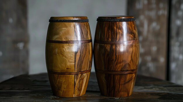 A pair of wooden bongos with dark brown and light brown wood The bongos are placed on a wooden table The background is a blurred wooden wall