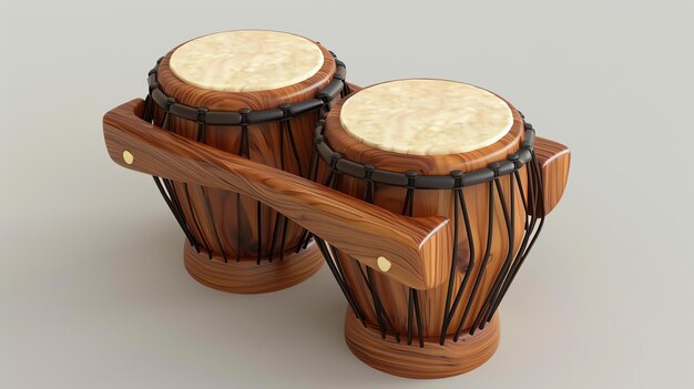 A pair of wooden bongos with natural skin drumheads The bongos are held together by a wooden handle The bongos are isolated on a white background