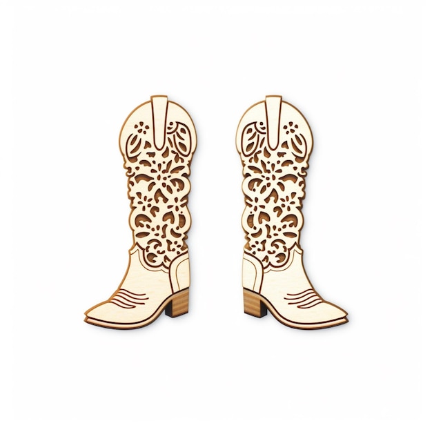 Photo pair of wooden cowboy boots with floral design on them generative ai