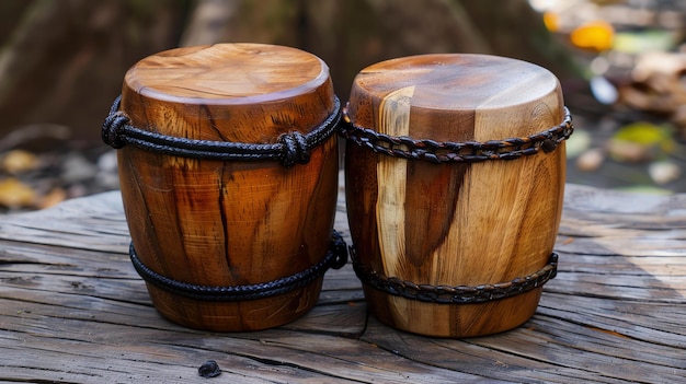 A pair of wooden drums sits on a wooden table The drums are made of wood with dark brown and light brown and have black rope handles