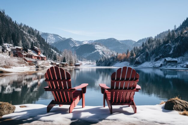 A pair of wooden seats viewing Waterton Lakes National Park Canada in the winter with a glacial