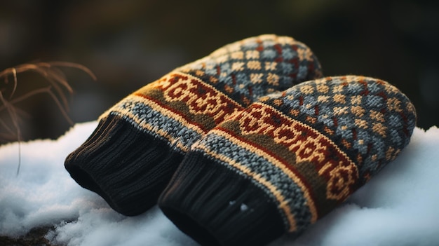 Photo a pair of woolen mittens with intricate nordic patterns ai generative