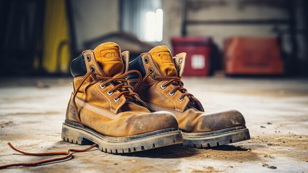 Foto un paio di stivali di lavoro usurati che simboleggiano il duro lavoro