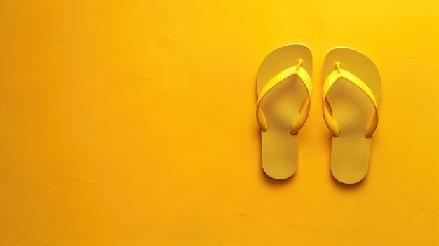 A pair of yellow flipflops placed neatly on a stark orange background suggesting summer