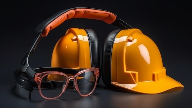 A pair of yellow headphones with a pair of glasses on a black background.