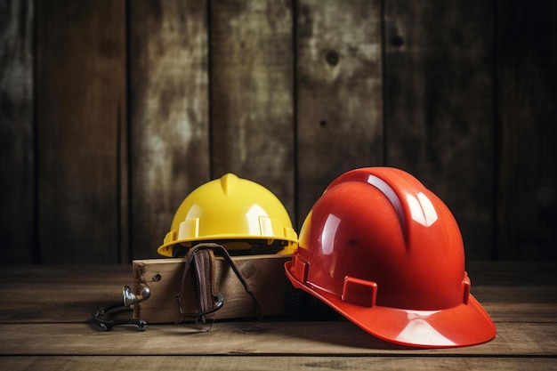 A pair of yellow and red hard hats and a red hard hat.