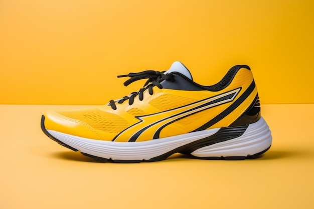 Pair of yellow running shoes sport concept