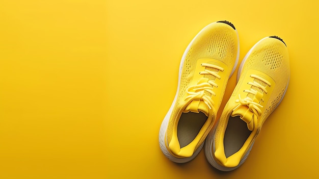 Photo pair of yellow running shoes on yellow background top view copy space sport fitness and healthy lifestyle concept