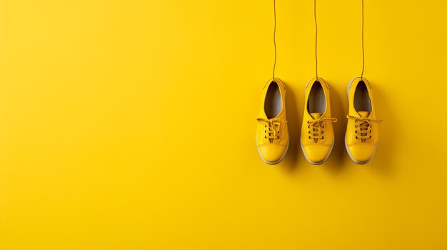 A pair of yellow shoes hanging on a string