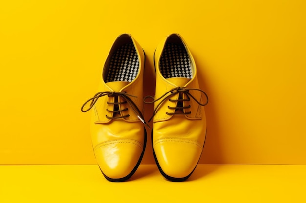 Pair of yellow shoes sitting on top of yellow floor next to yellow wall Generative AI