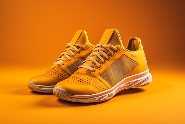 Pair of yellow sneakers on orange background 3d rendering