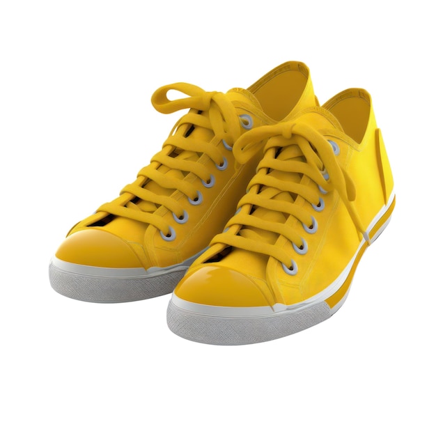 A pair of yellow sneakers with the word " on the side " on the bottom.