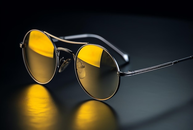 A pair of yellow sunglasses with a black background.