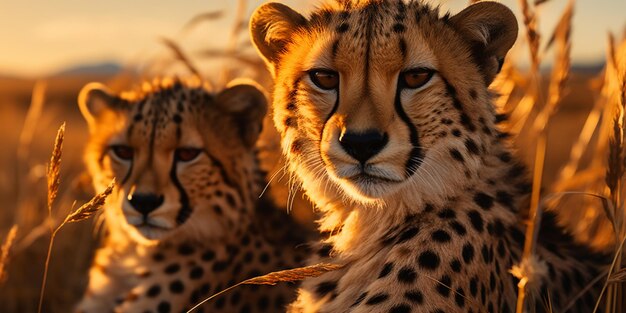 A pair of young adult cheetahs in the open grasslands of Kenya Soft warm morning sky background