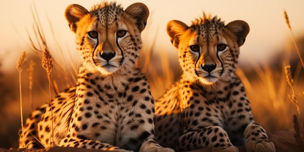 A pair of young adult cheetahs in the open grasslands of Kenya Soft warm morning sky background