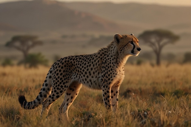 A pair of young adult cheetahs in the open grasslands of kenya soft warm morning sky background