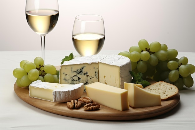 Сочетание тонкого белого вина, ассортимента сыра и свежего винограда на белом столе