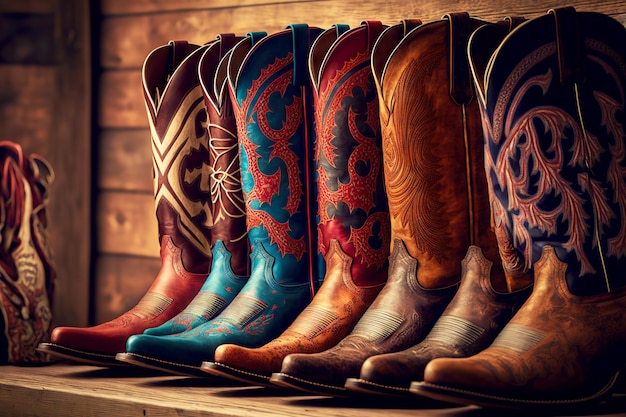 Pairs of new cowboy boots stand in long row on wooden shelf