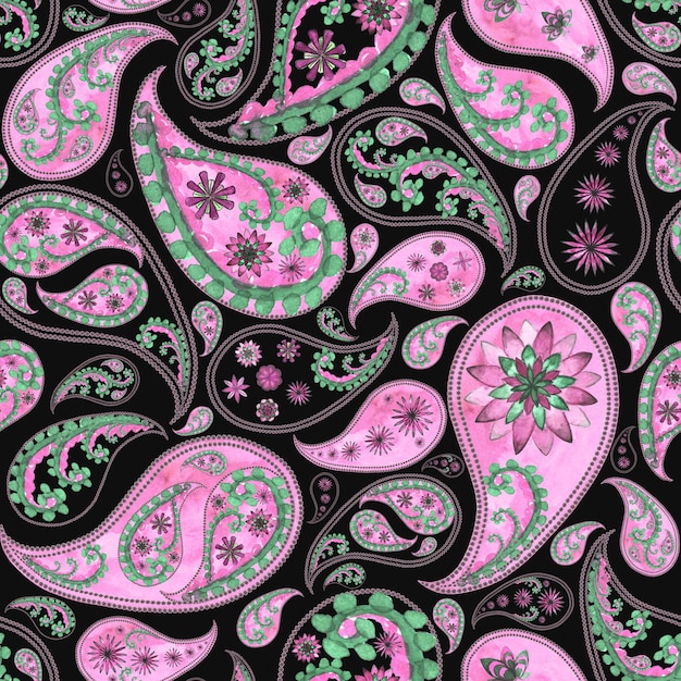 Paisley abstract floral oosterse gestileerde vintage naadloze patroon. Aquarel hand getekend roze groene textuur op zwarte achtergrond. Behang, verpakking, textiel, stof