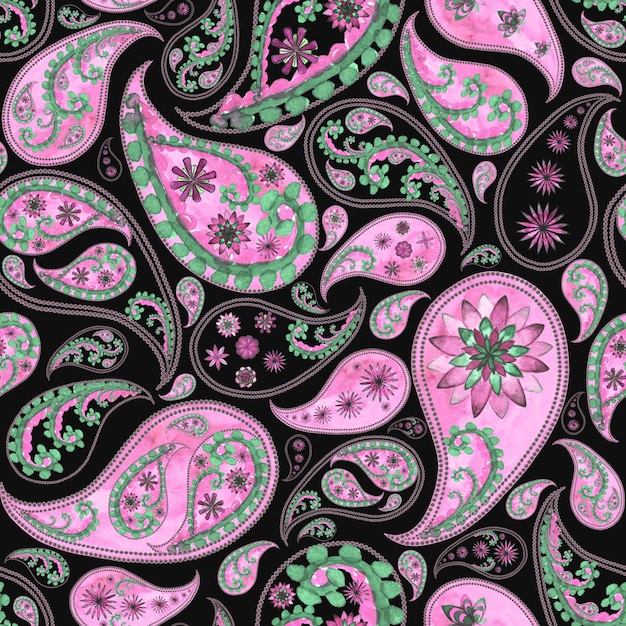 Photo paisley abstract floral oriental stylized vintage seamless pattern. watercolor hand drawn pink green texture on black background. wallpaper, wrapping, textile, fabric