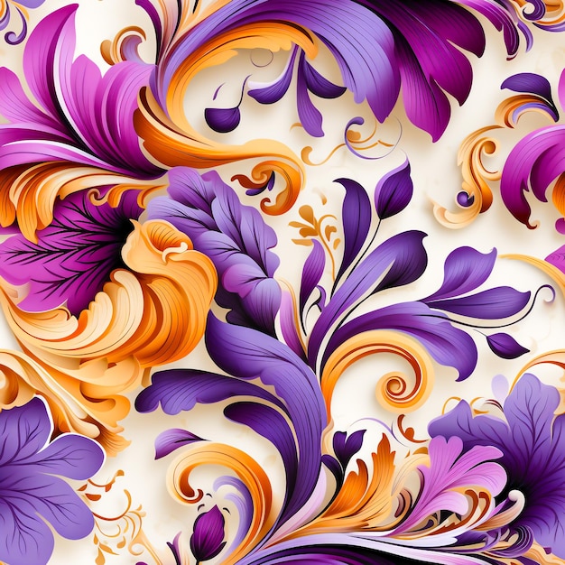 Paisley abstract floral vintage seamless pattern in oriental style purple and yellow Generative ai