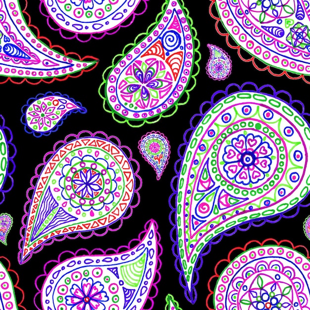 Paisley buta doodle colorful line art seamless pattern