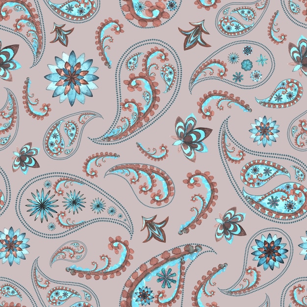 Paisley oriental floral abstract vintage seamless pattern. Watercolor hand drawn blue teal turquoise brown texture on beige background. Wallpaper, wrapping, textile, fabric