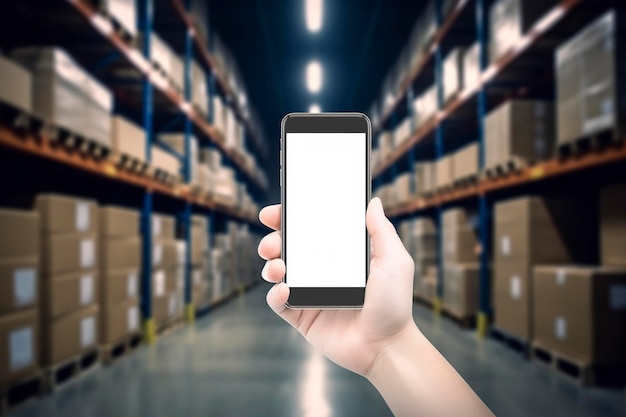 Pakhuis met een hand die een lege smartphone vasthoudt Vervaagde industriële pakhuis met goederen en producten Logistiek bedrijfsleveringsdiensten concept genereren ai